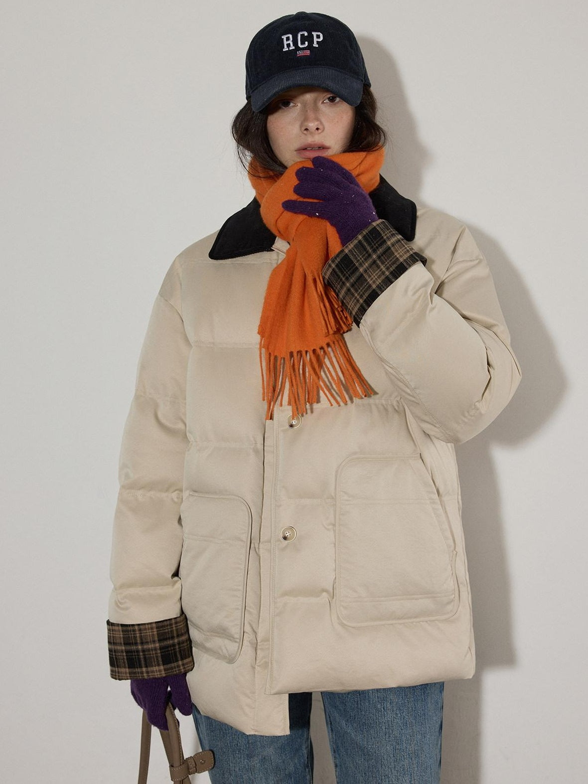 Lofi choose 90 Percent White Duck Down Apricot Colorblock Loose Fit Commuter Down Jackets