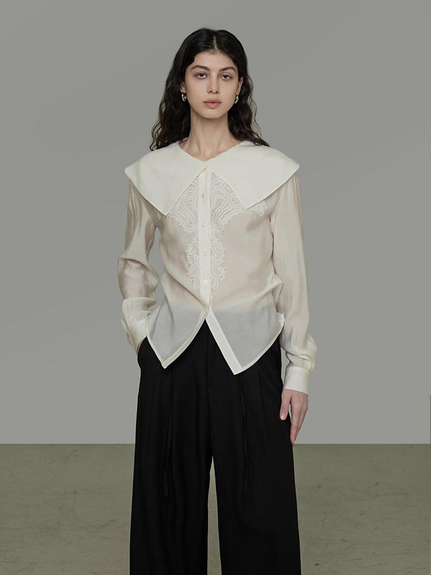 unspoken Lyocell Embroidered Doll Collar Loose Fit Women White Button Long Sleeve Blouses