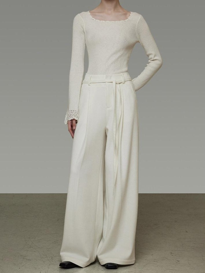 unspoken High Waist Drawstring Minimalist Breathable White Women Wide Leg Pants