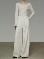 unspoken High Waist Drawstring Minimalist Breathable White Women Wide Leg Pants