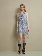 someonesometimes Lightweight Halter Tie Plaid Office Regular Fit Cornflower Blue Midi Dresses