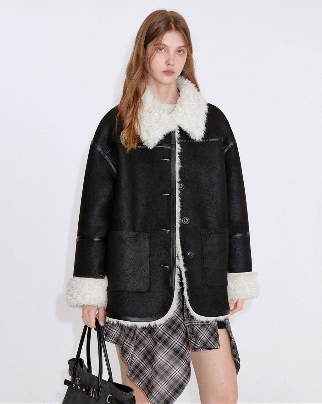 fano Contrast Color Trim Casual Loose Fit Lapel Collar Women Daily Black Short Coat