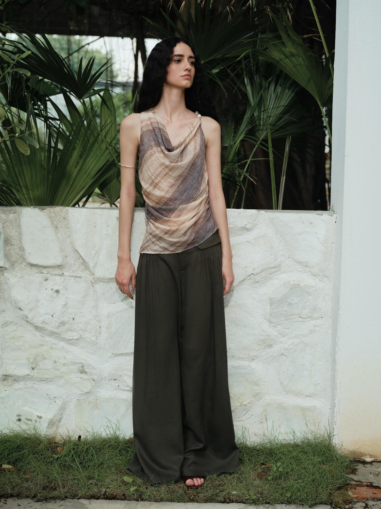 someonesometimes Original Asymmetric Patchwork Striped Slim Curve Khaki Brown For Women Vest
