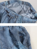 audreyyang Breathable Rayon Loose Fit Lapel Button Floral Denim Top & Pants Sets