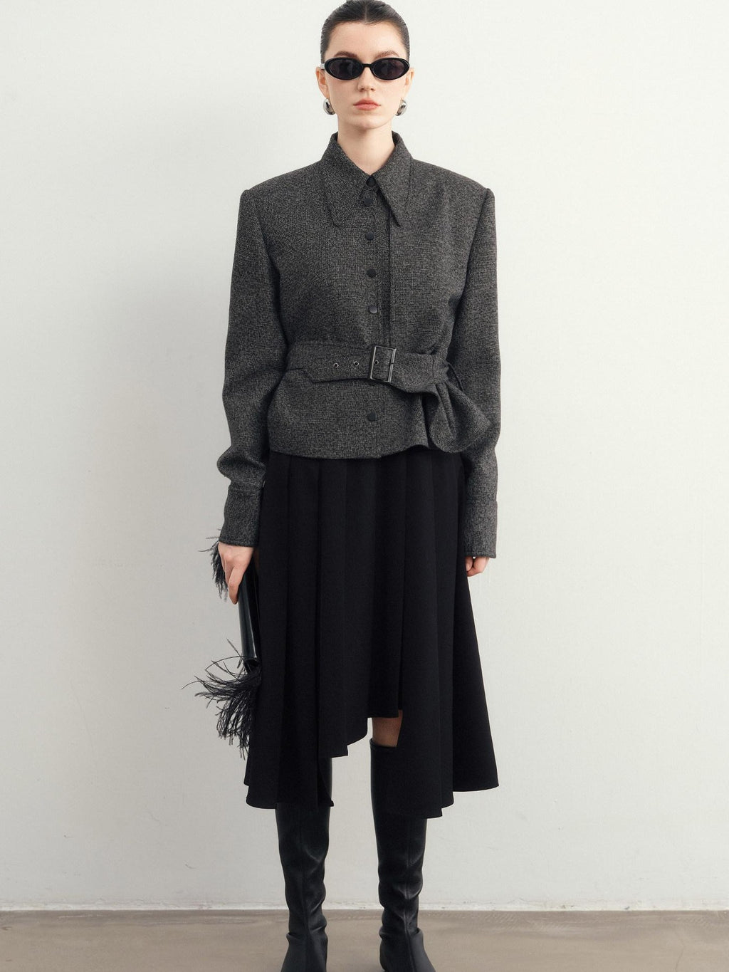 audreyyang Hand Pleated Lined Asymmetrical A Line Mid Waist Polyester Blend Midi Skirts