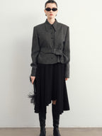 audreyyang Hand Pleated Lined Asymmetrical A Line Mid Waist Polyester Blend Midi Skirts