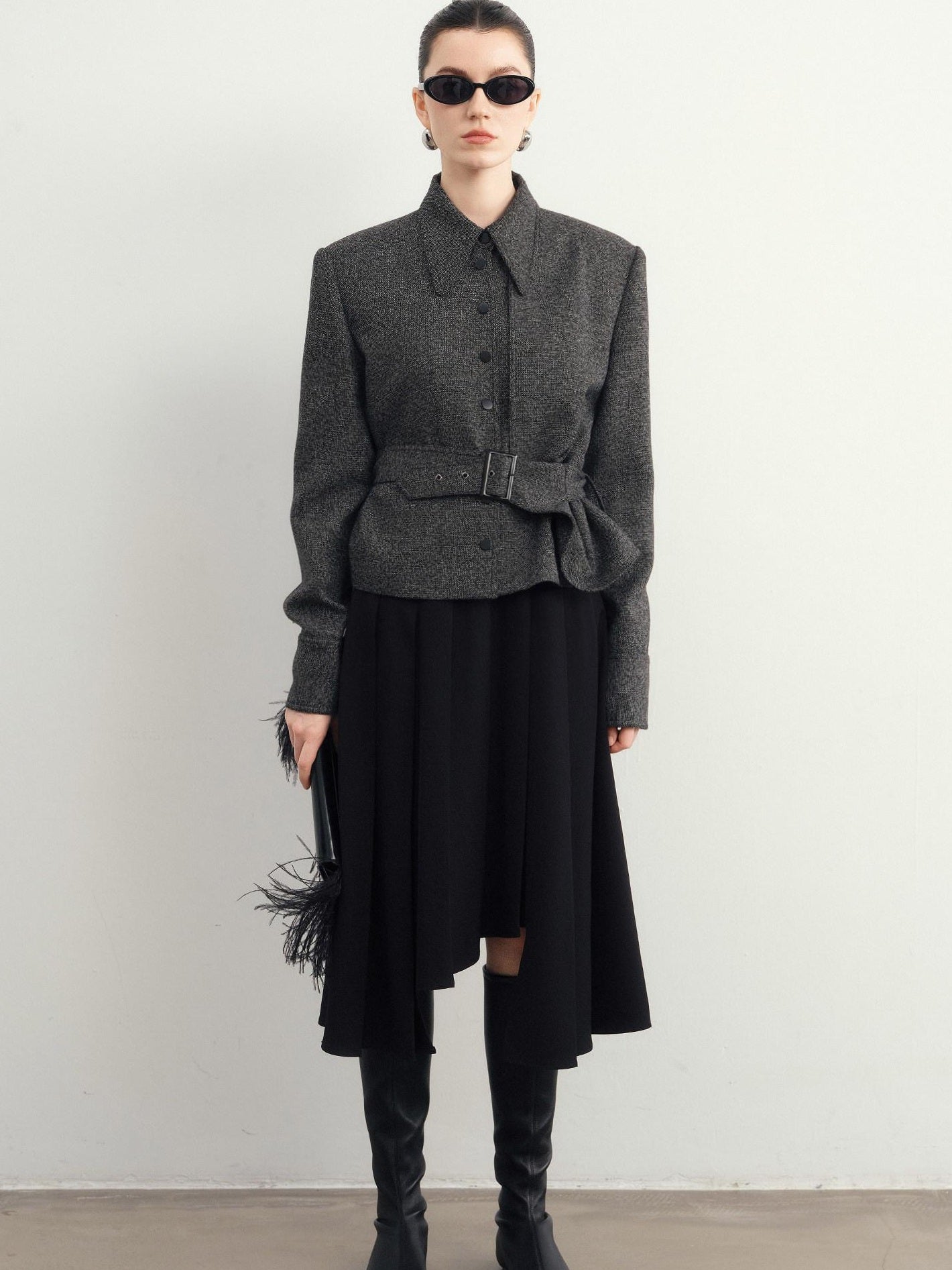 audreyyang Hand Pleated Lined Asymmetrical A Line Mid Waist Polyester Blend Midi Skirts