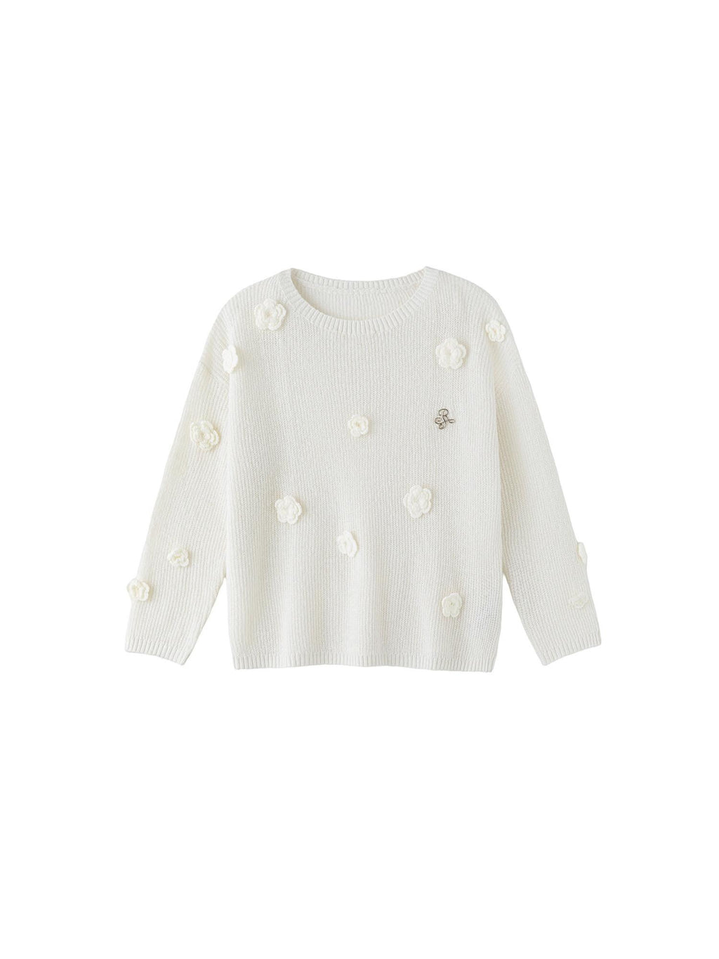 ikyou Warm Wool Blend Pullover Loose Crochet 3D Detail Office Boat Neck White Sweaters