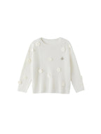 ikyou Warm Wool Blend Pullover Loose Crochet 3D Detail Office Boat Neck White Sweaters
