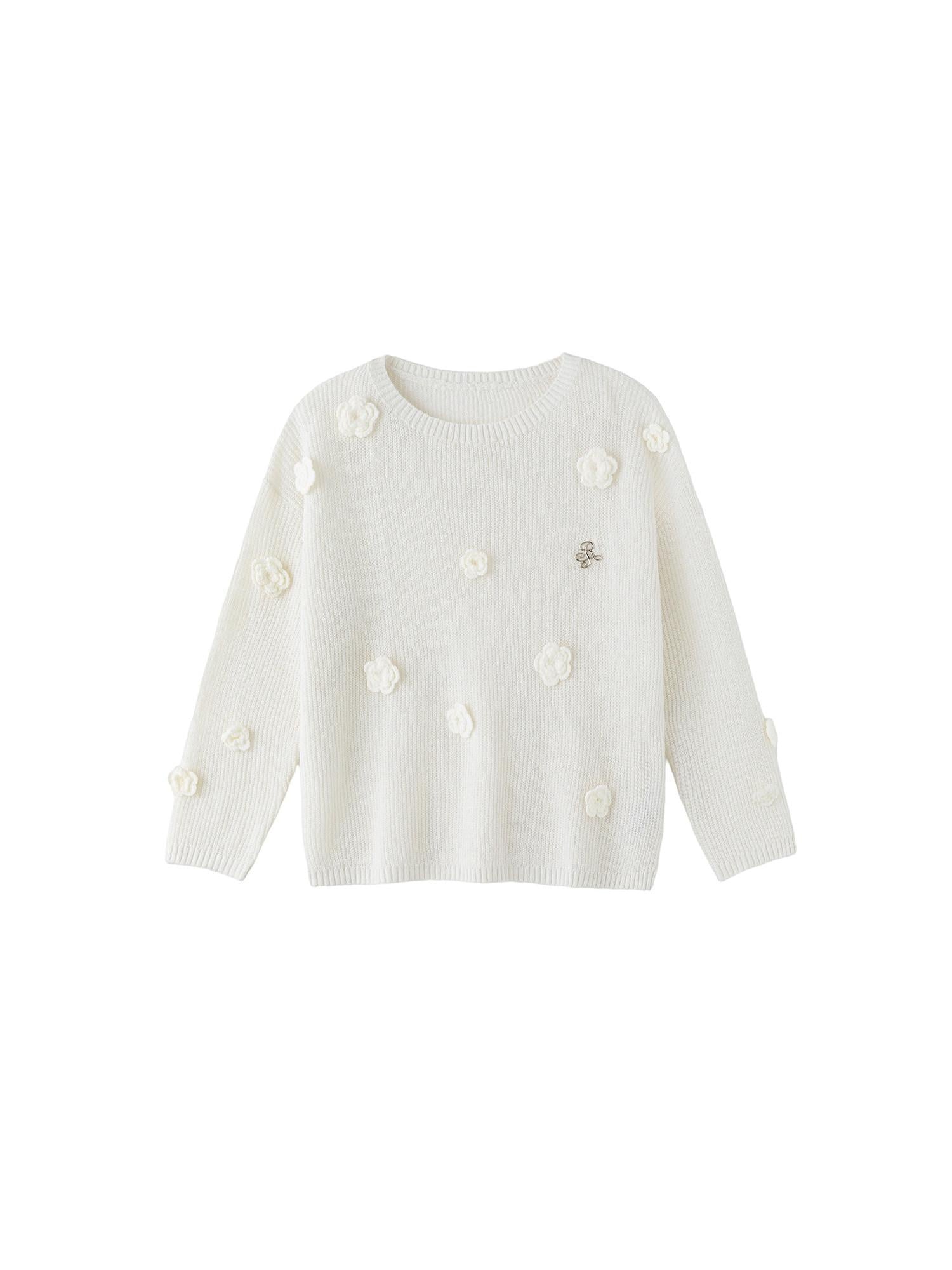 ikyou Warm Wool Blend Pullover Loose Crochet 3D Detail Office Boat Neck White Sweaters