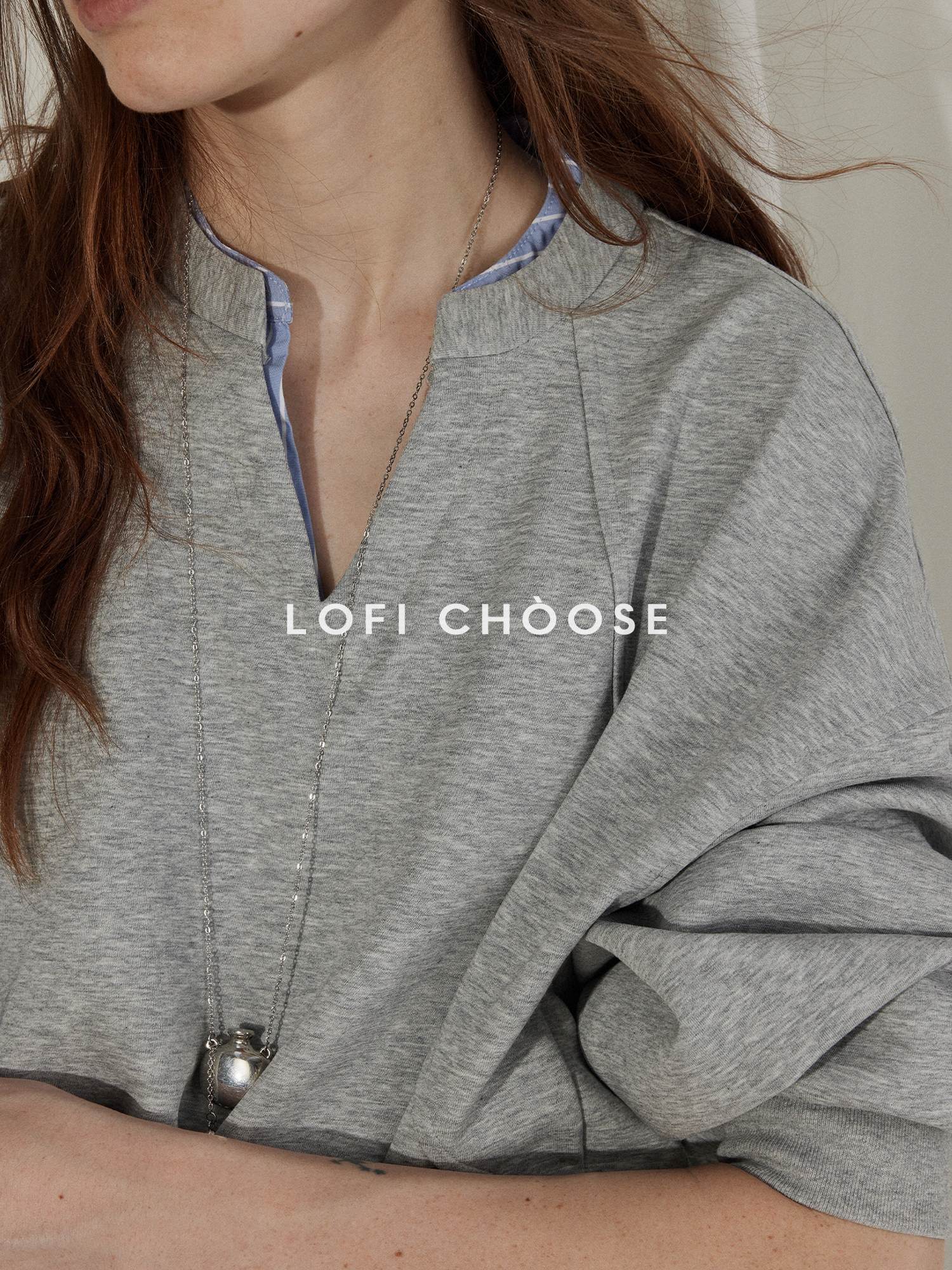 Lofi choose Soft Poly Cotton Blend Loose Fit Commuter Long Sleeve Heather Gray Sweatshirt