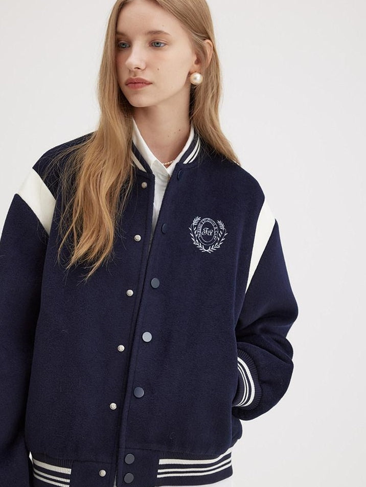 fano Embroidered Relaxed Fit Commuter Colorblock Crew Neck Women Bomber Jackets