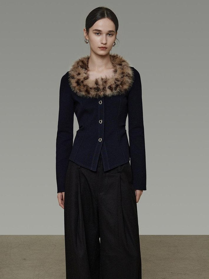 unspoken Warm Fur Collar Slim Cropped Workwear Women Cotton Leopard Navy Cardigans