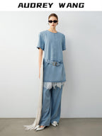 audreyyang Washed Tencel Micro Stretch Straight Fit Denim Blue Casual Short Sleeve T-Shirts