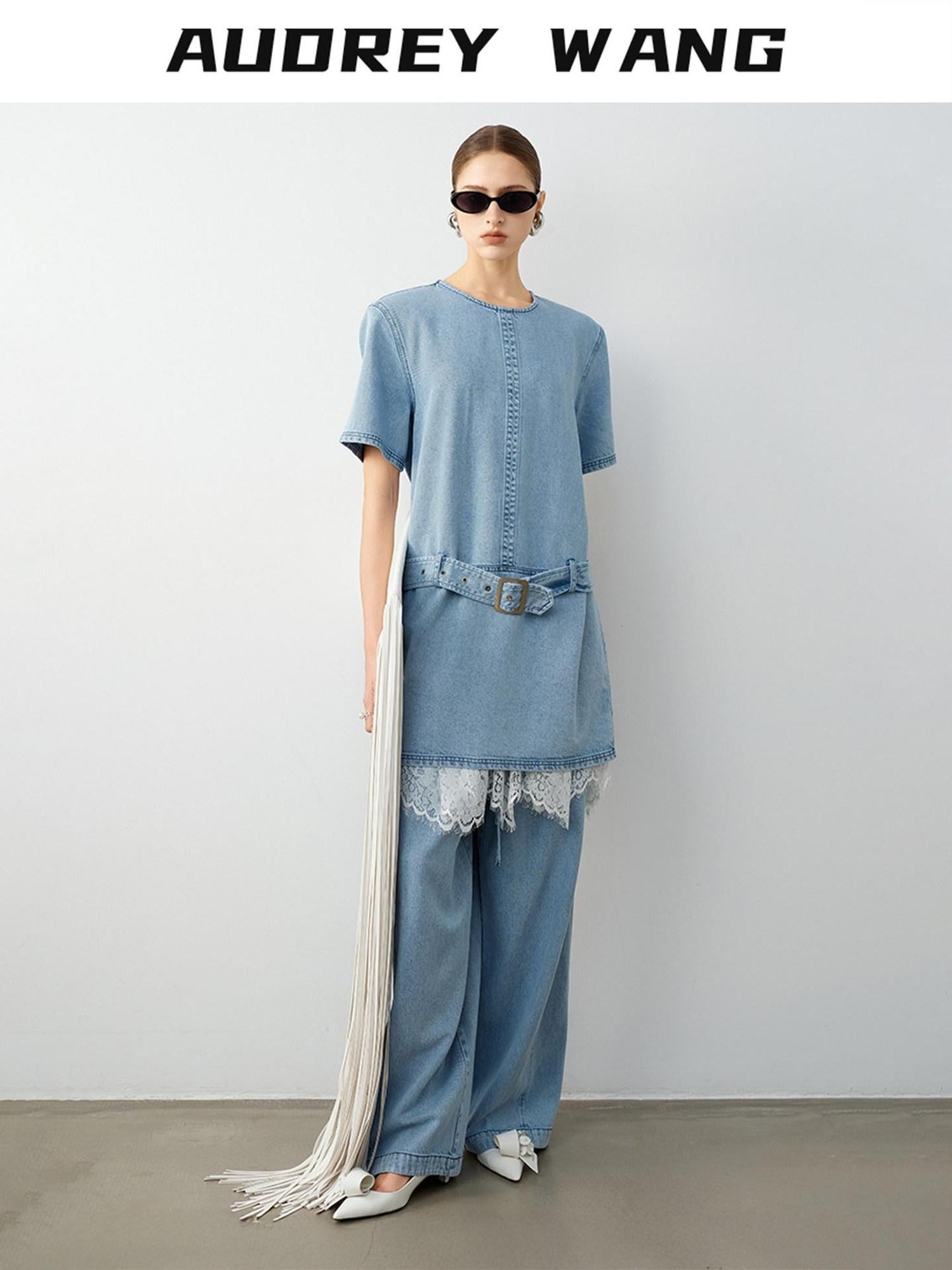 audreyyang Washed Tencel Micro Stretch Straight Fit Denim Blue Casual Short Sleeve T-Shirts