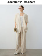 audreyyang Pure Linen Commuter Loose Fit Short Sleeve V-neck Women White Blazers