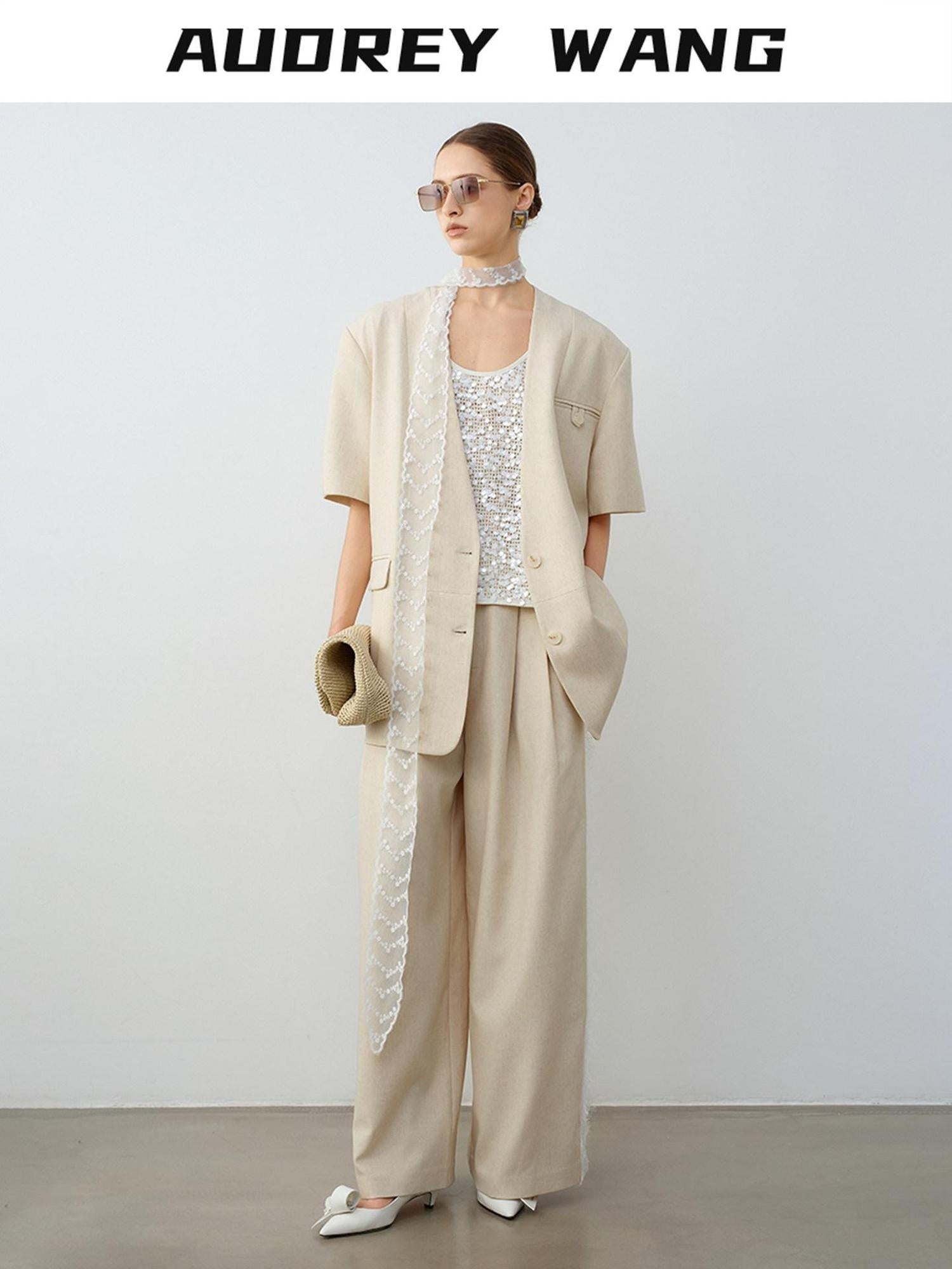 audreyyang Pure Linen Commuter Loose Fit Short Sleeve V-neck Women White Blazers