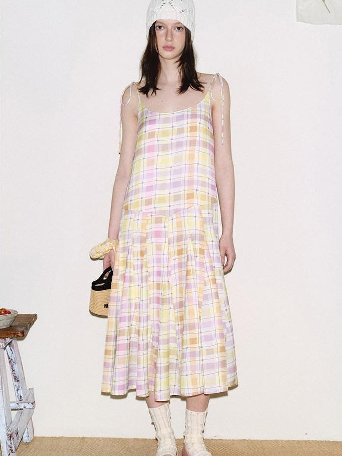 fano Viscose Printed Purple Yellow Check A Line Camisole Korean Commuter Maxi Dresses
