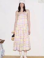 fano Viscose Printed Purple Yellow Check A Line Camisole Korean Commuter Maxi Dresses