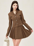 ikyou Tassel Button Slim Fit Square Neck Long Sleeve Work Gray Brown Top & Skirt Sets