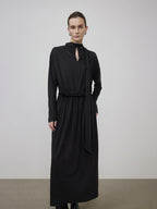 unspoken Minimal Office Pleated Round Neck Elastic Waist Long Sleeve Black Maxi Dresses