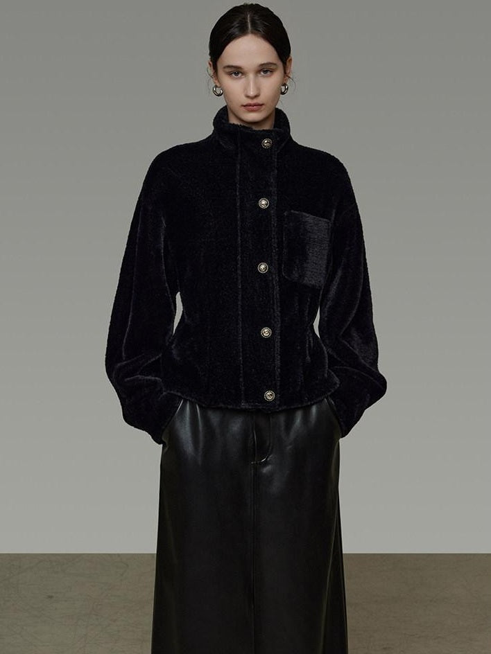 unspoken Thick 3D Tailored Slim Stand Collar Women Black Single Breasted Short Coat