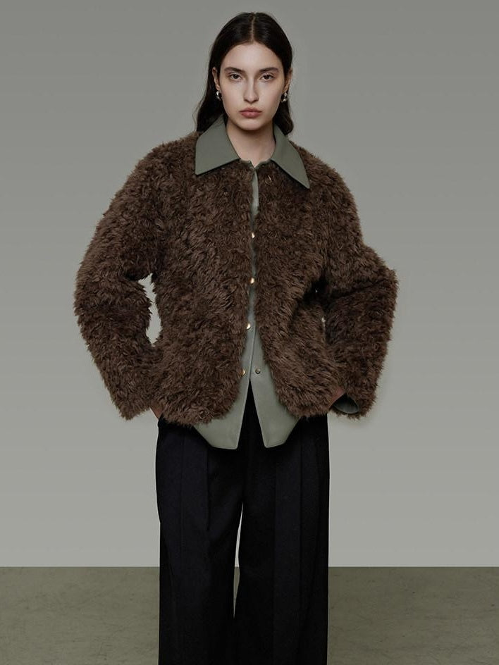 unspoken Warm Patchwork Lapel Loose Fit Minimalist Women Chestnut Short Coat