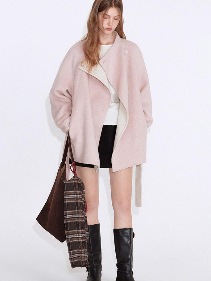 fano Soft 70 Wool Korean Straight Cut Lapel Tie Waist Women Pink Wool Coats