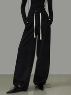 unspoken High Waist Drawstring Pockets Minimalist Workwear For Women Black Wide Leg Pants