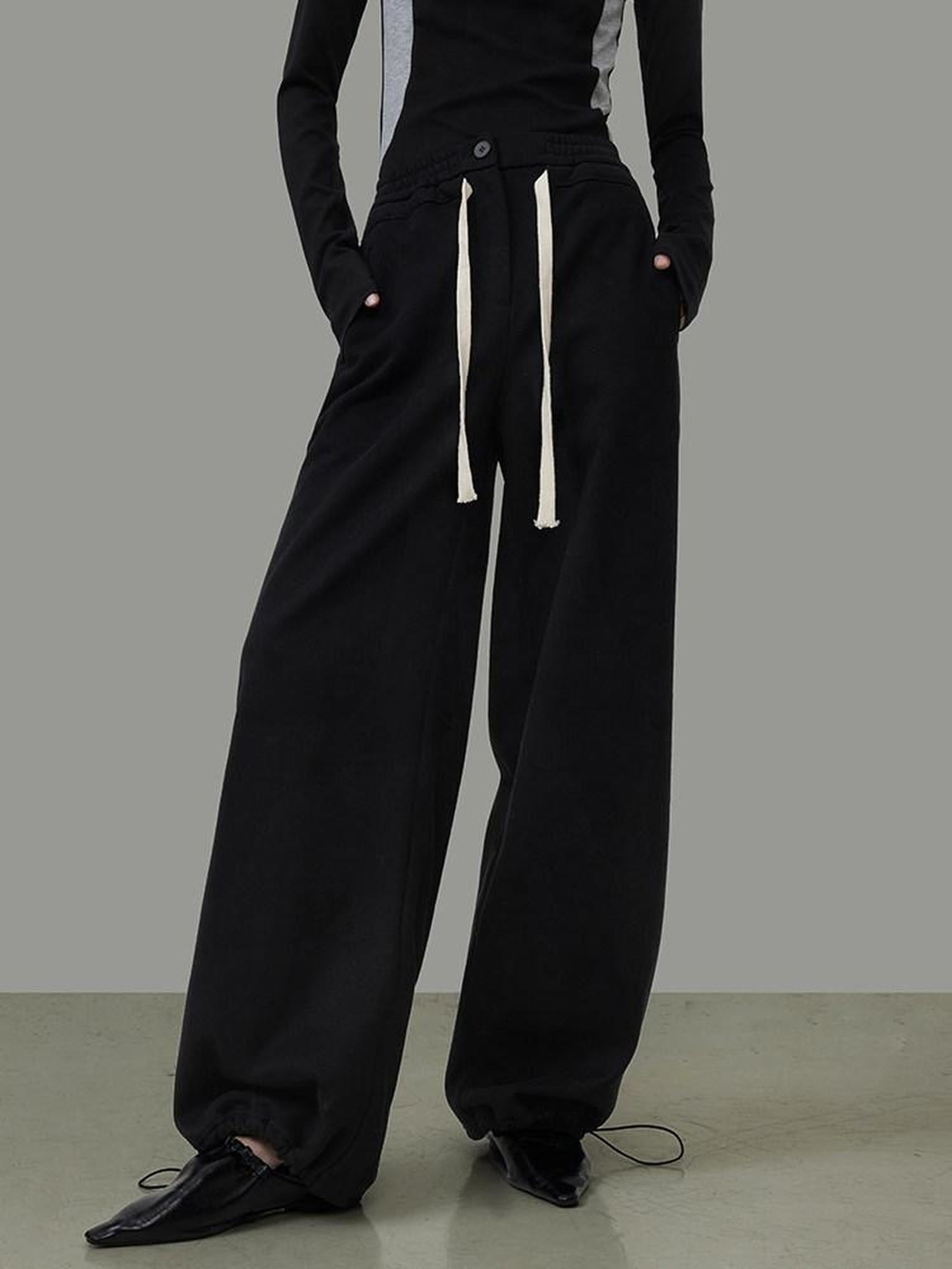 unspoken High Waist Drawstring Pockets Minimalist Workwear For Women Black Wide Leg Pants