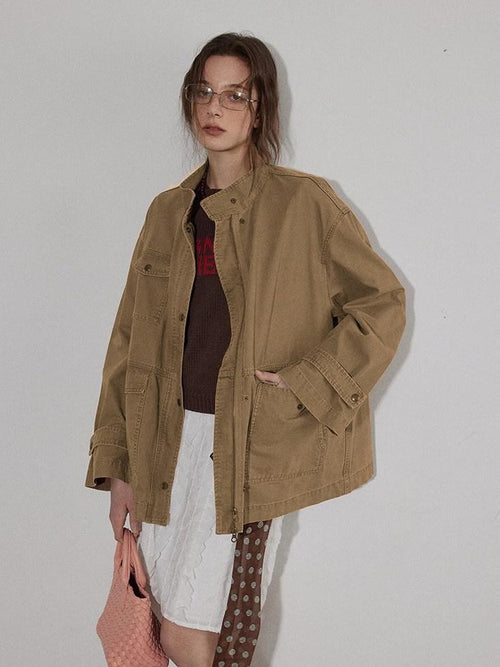 Lofi choose Airy Loose Fit Commuter Lapel Button Longsleeve Solid Khaki Cropped Jackets