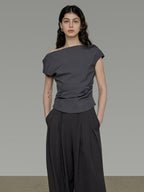 unspoken Asymmetric Neck Pleated Minimal Slim Fit Office Women Polyester Basic Crop Tops