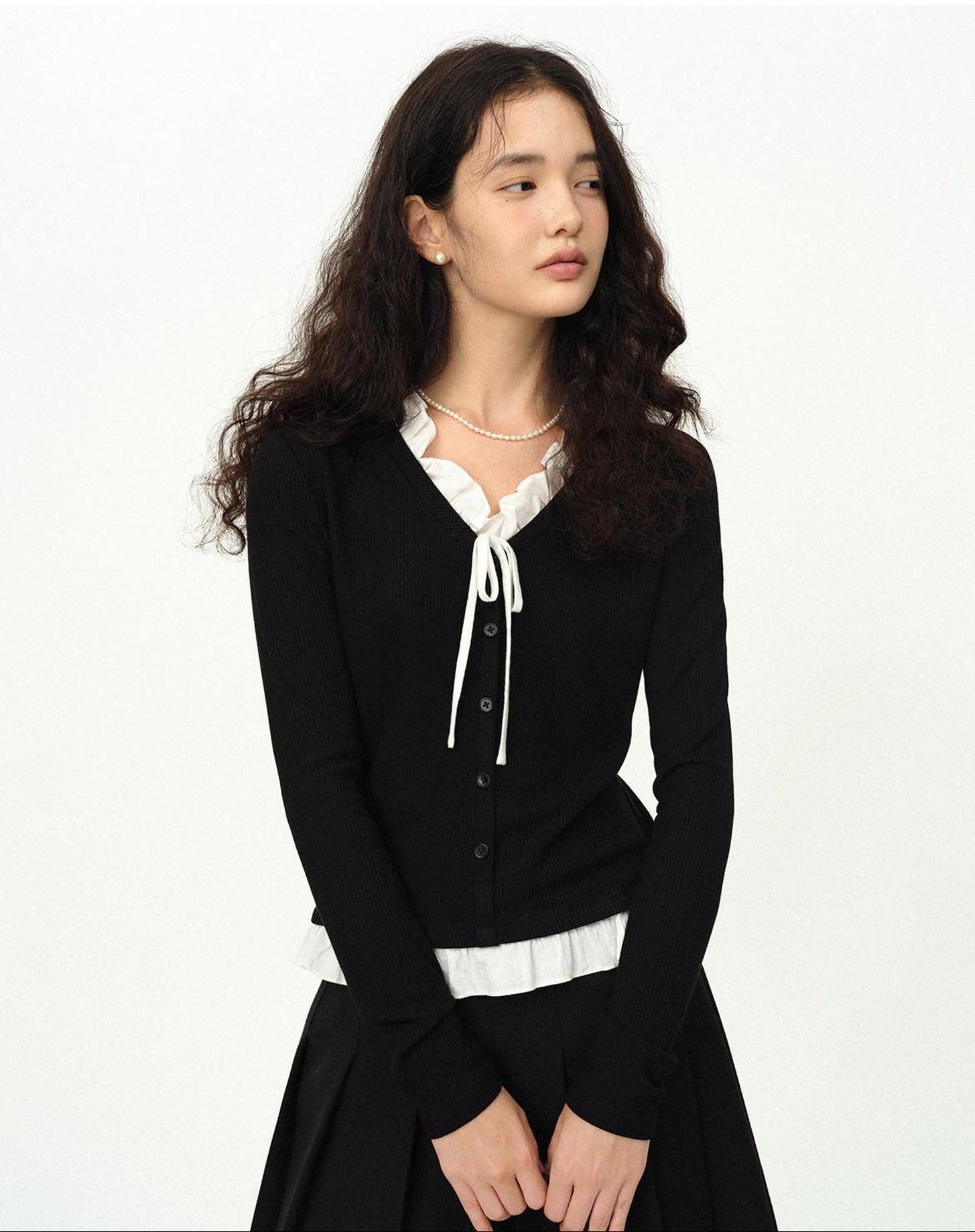 fano Stretch Viscose Slim Fit Embroidered V-neck Workwear Black Long Sleeve Cardigans