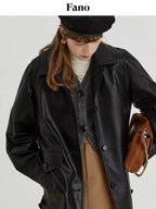 fano Windproof Pu Commuter Relaxed Raglan Women Mid Length Black Leather Jackets