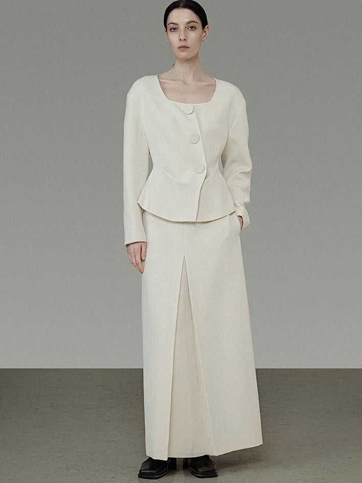 unspoken Slim Office Button Front Long Sleeve Cream Polyester Women Top & Skirt Sets