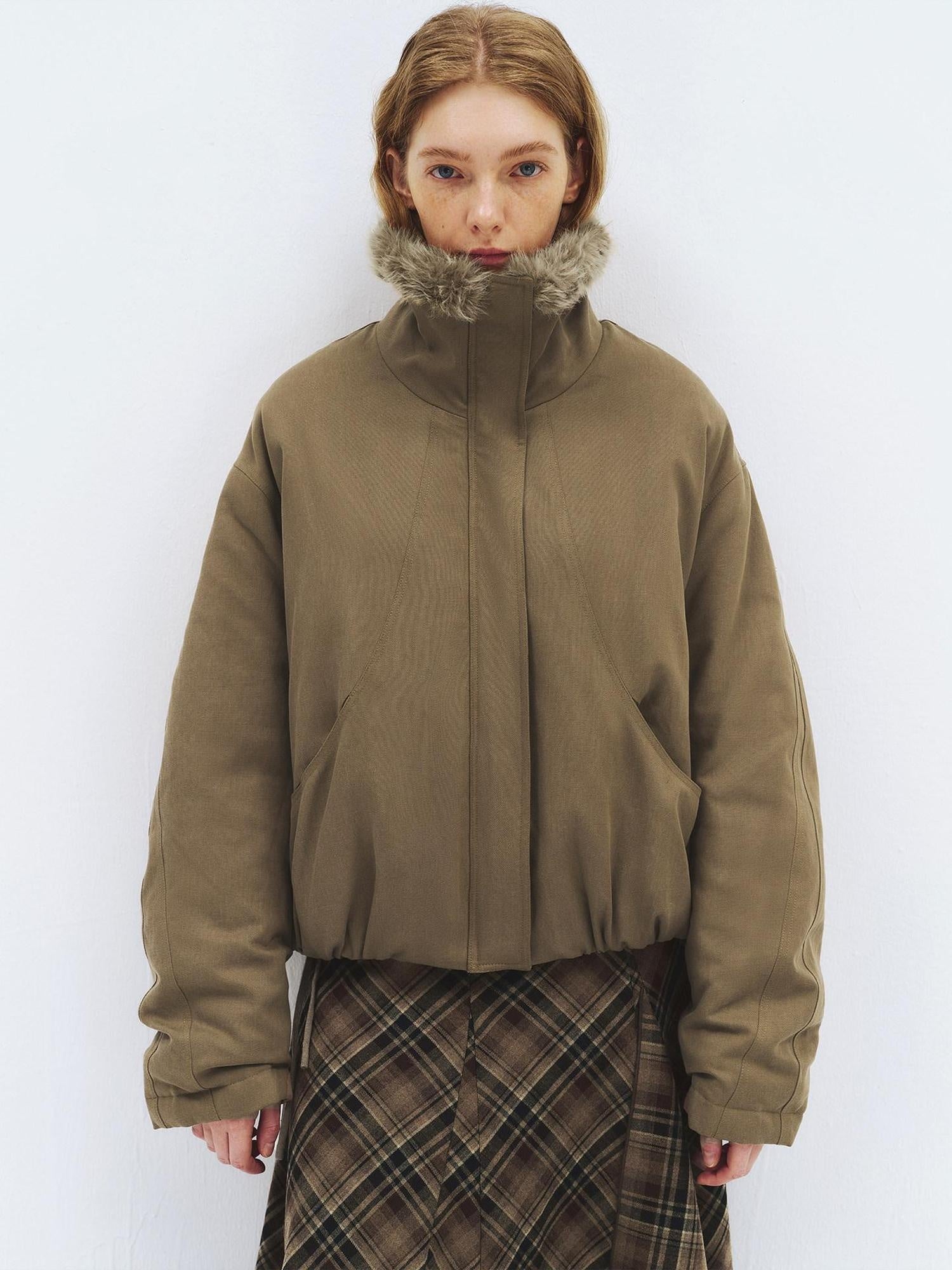 someonesometimes Lyocell Cotton Blend Relaxed Stand Collar Zip Women Beechwood Green Short Coat