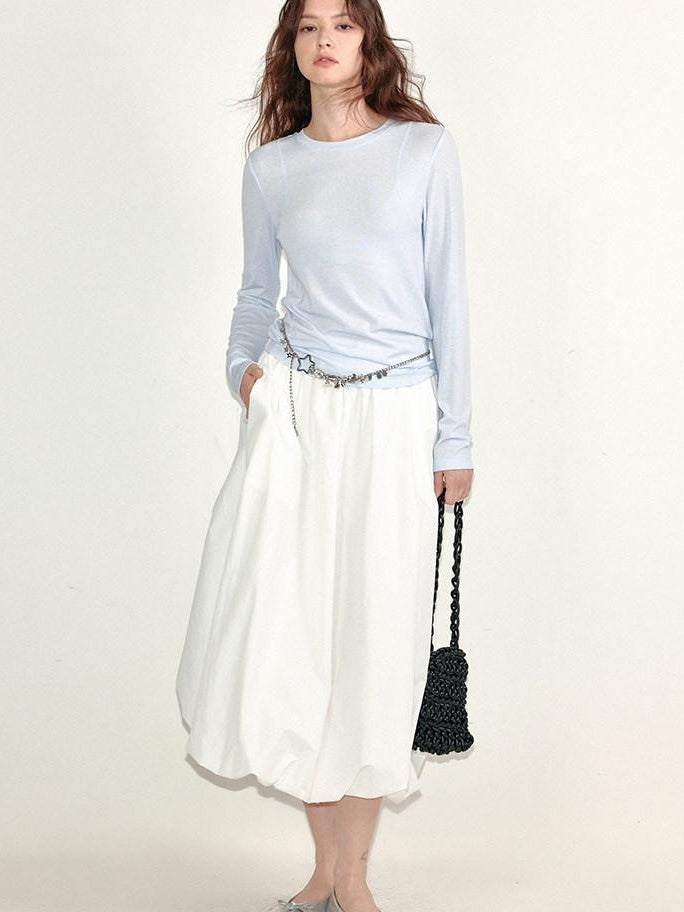 fano Lined Press Pleat A Line Bubble Mid Waist Women City Black White Midi Skirts
