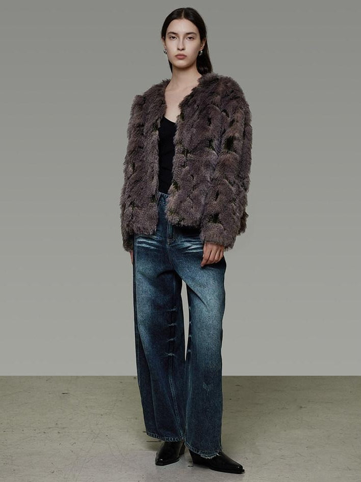 unspoken Warm Minimal No Collar Mocha Brown Women Commuter Polyester Short Coat