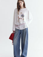 fano Cotton Blend Printed Crewneck Loose Fit Women White Long Sleeve T-Shirts