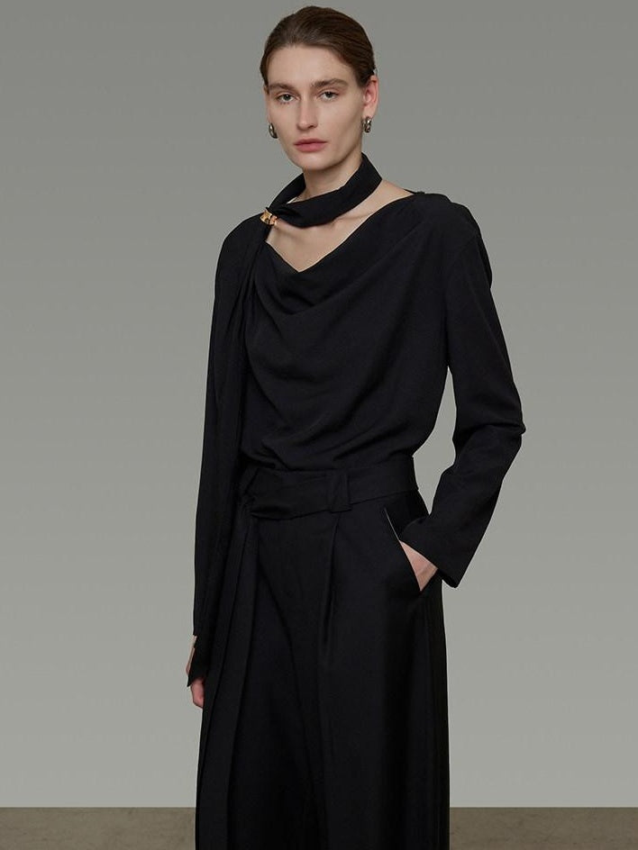 unspoken Breathable Minimalist Loose Fit Ribbon V-neck Office Women Solid Black Blouses