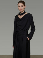 unspoken Breathable Minimalist Loose Fit Ribbon V-neck Office Women Solid Black Blouses