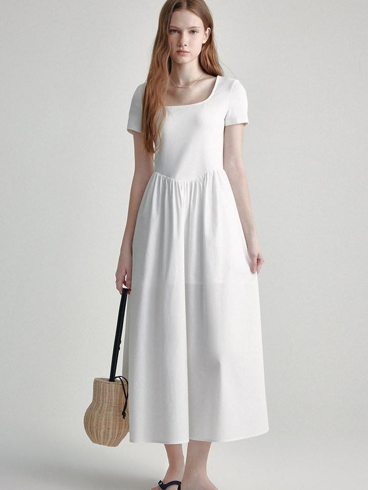 fano Cotton High Waist A Line Square Neck Short Sleeve Office Casual Maxi Dresses