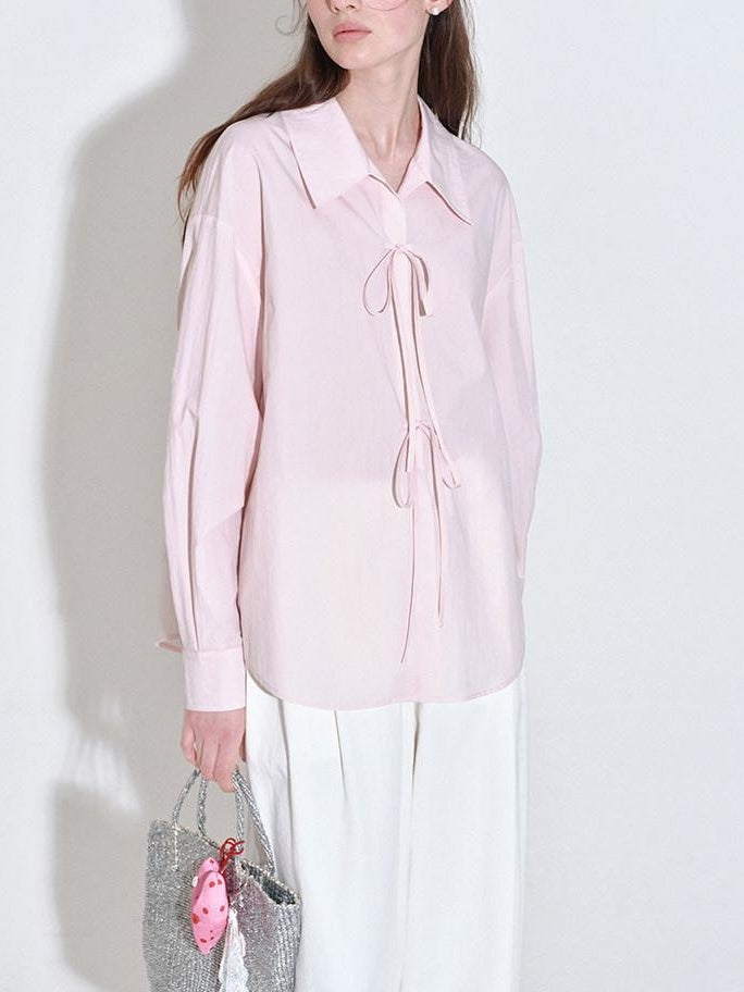fano Shape Retention Lyocell Blend Korean Work Loose Turn Collar Pink Women Blouses