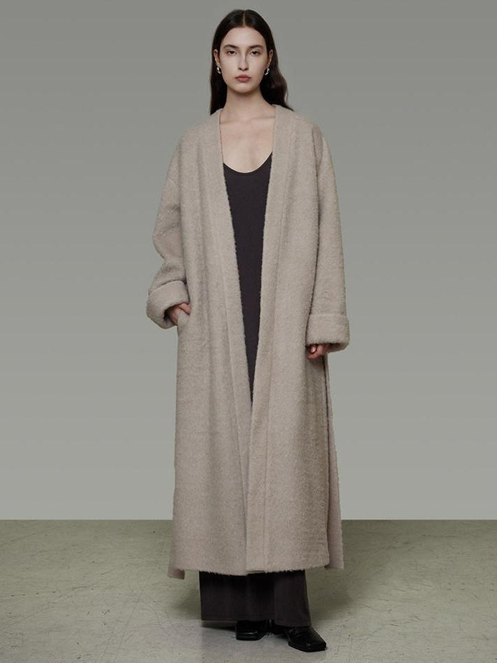 unspoken Cozy Sheepswool Belted Loose Fit Minimal Office V-neck Mid Length Wool Coats