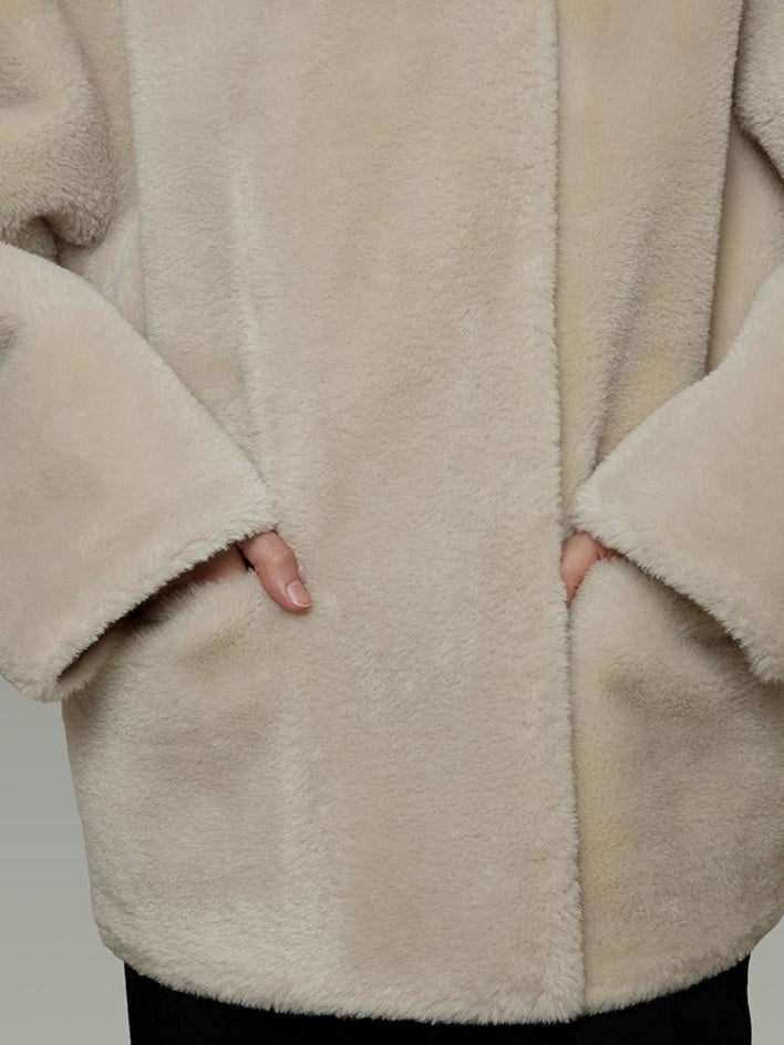 unspoken Warm Cream Collarless Minimalist Relaxed Fit Women Polyester Short Coat