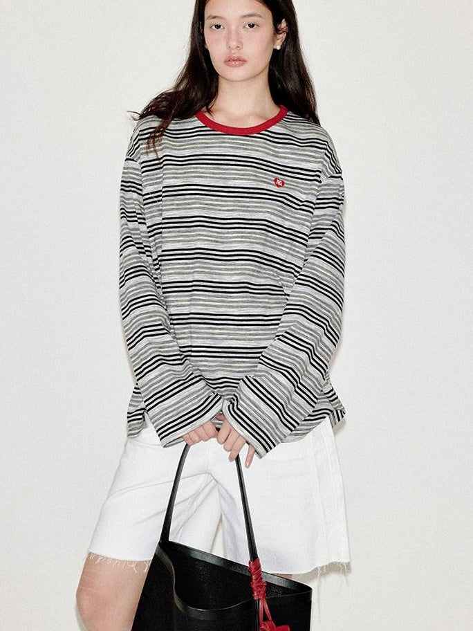 fano Moisture Wicking Casual Loose Patchwork Stripe Black Womens Long Sleeve T-Shirts