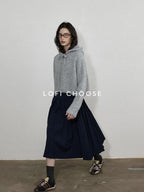 Lofi choose Stretch High Waist A Line Solid Navy Casual Skirt For Young Women Midi Skirts