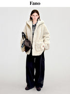 fano Warm Hooded Zip Closure Oversized Casual Boxy Fit Young Women Beige Short Coat