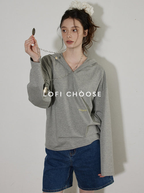 Lofi choose Cozy Loose Fit V-neck Hooded Commuter Style Women Green Gray Hoodie