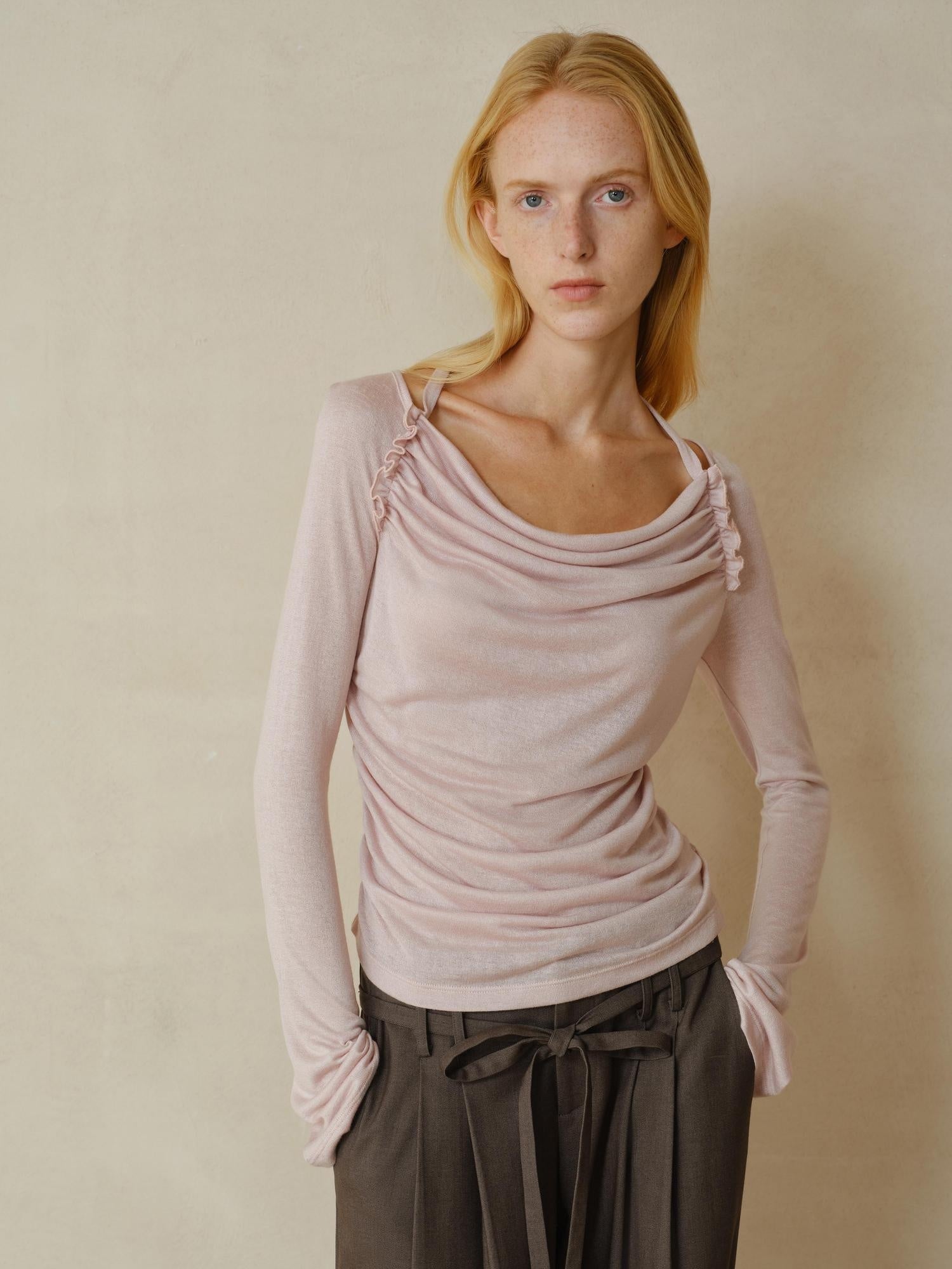someonesometimes Lyocell Blend Slim Ruched Bell Sleeve Mauve Drape Neck Long Sleeve T-Shirts